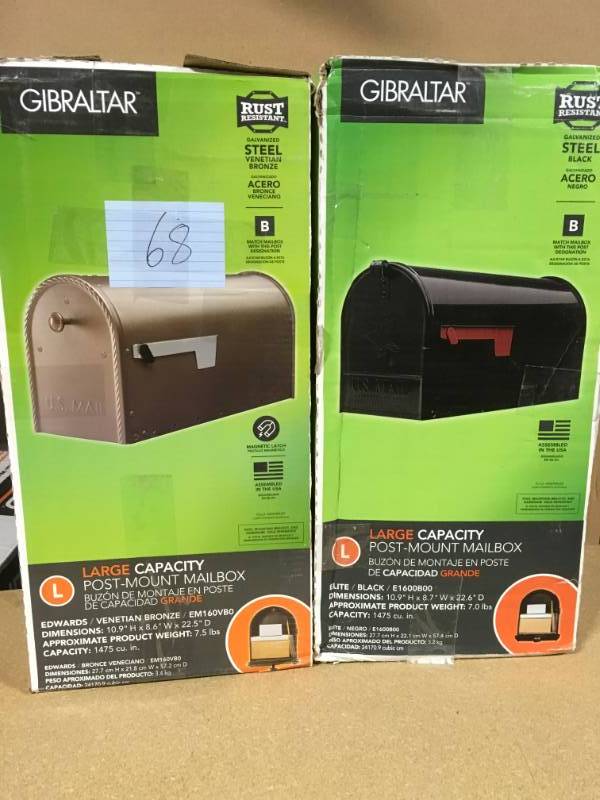 lot 68 image: Gibraltar Mailboxes Edwards Venetian (1) Bronze Steel Post-Mount Mailbox Large with Decorative Door & (2) BLK QTY 2 open box in like new condition