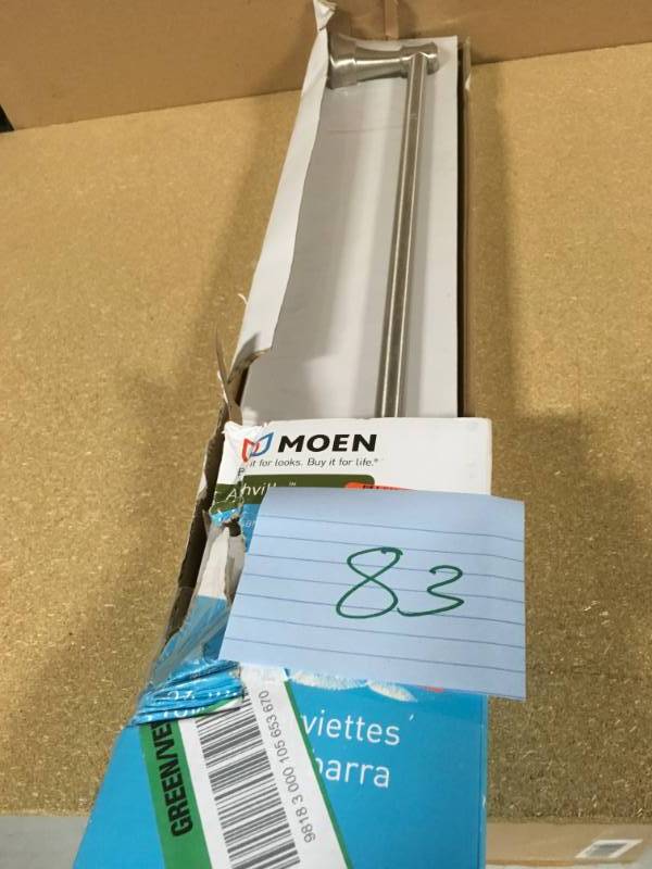 lot 83 image: MOEN Towel Holders Ashville 24 in. Towel Bar in Spot Resist Brushed Nickel DN792 not used