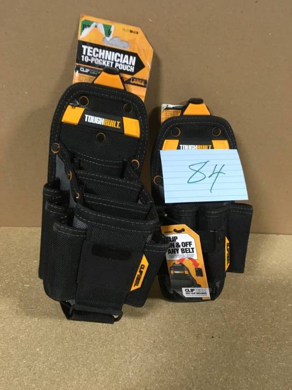 lot 84 image: TOUGHBUILT Tool Storage Work Belt 10 Pocket Pouch Technician Holder Large Clip QTY 2 not used