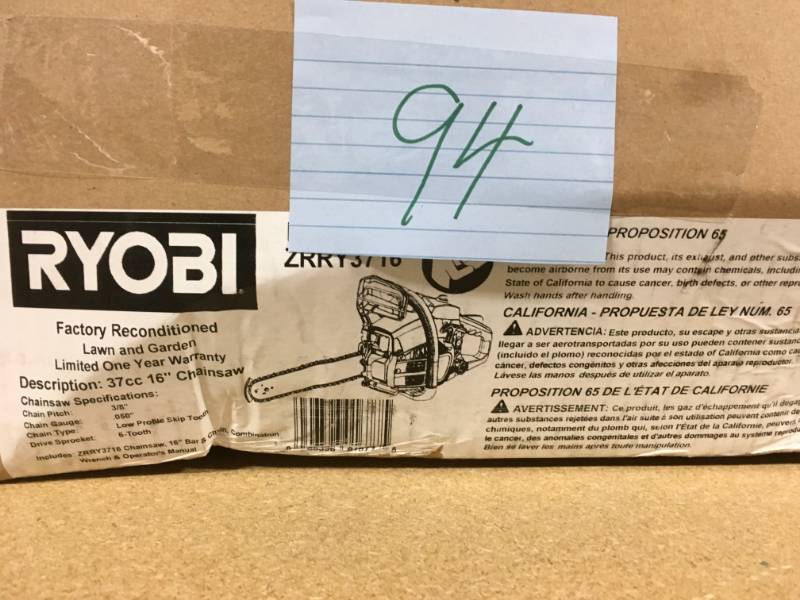 lot 94 image: Ryobi Reconditioned 16 in. 37cc 2-Cycle Gas Chainsaw open box in like new condition