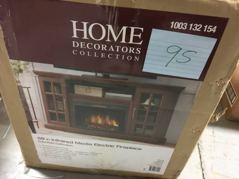 lot 95 image: Home Decorators Collection Edenfield 59 in. Freestanding Infrared Electric Fireplace TV Stand in Burnished Walnut open box in like new condition