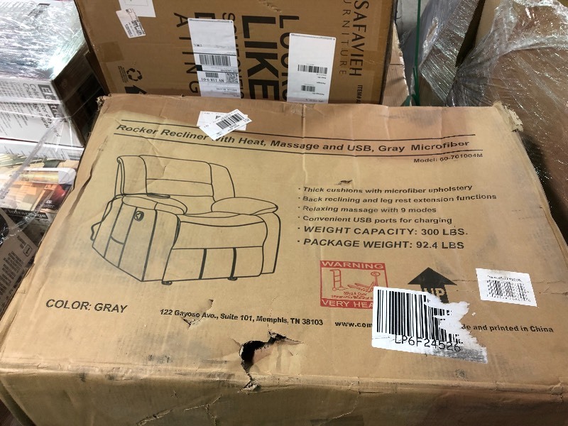 lot 102 image: Relaxzen  Gray Microfiber Rocker Recliner with Heat, Massage, USB  not used