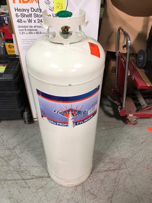 lot 111 image: Flame King  100 lb. Empty Propane Cylinder with POL Valve  not used