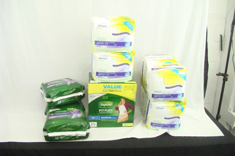lot 48 image: Lot of New Depend and Tena Overnight Underwear, Adult Diapers etc.