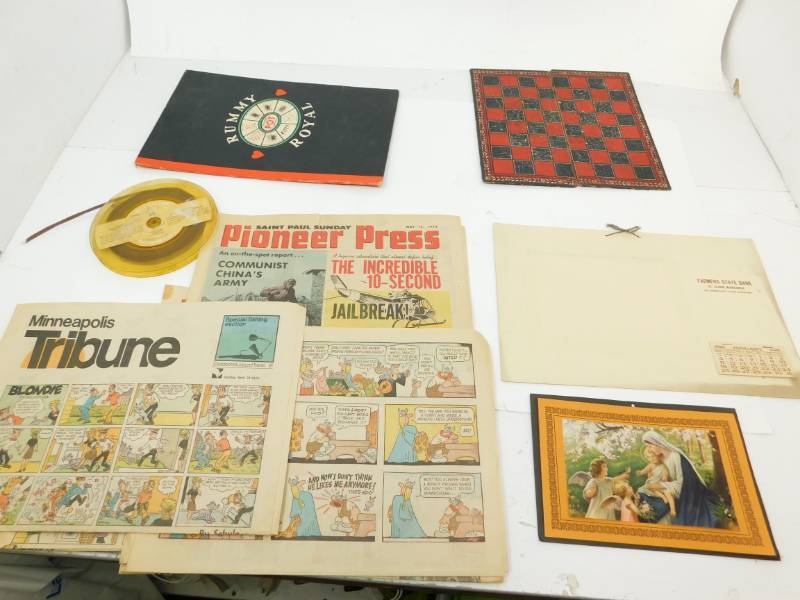 lot 55 image: Vintage Calendar- Farmers State Bank--Two Vintage Game Boards Only--Minneapolis Tribune Funnies-Vintage Stereo Tape Reel