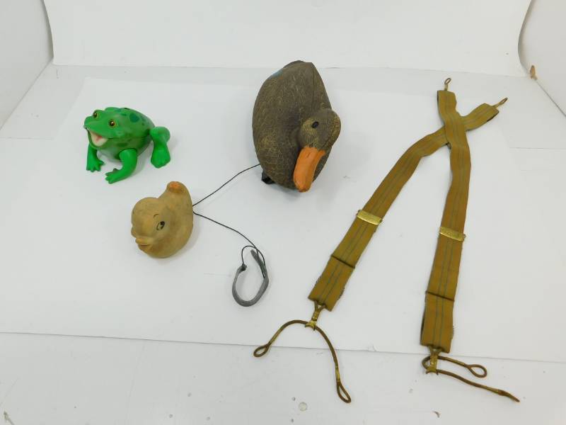 lot 56 image: Mallard Hen Duck Decoy Flambeau-Vintage Tan & Green Suspenders-Vintage Frog & Rubber Duckie