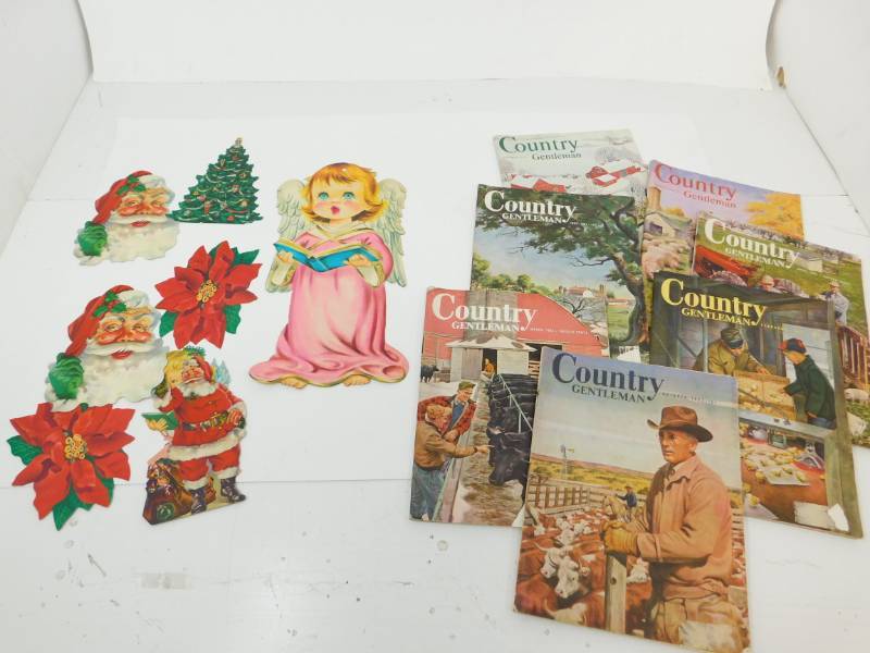 lot 58 image: Seven Country Gentleman Magazines & Nine Vintage Cardboard Christmas Decorations To Be Hung Up