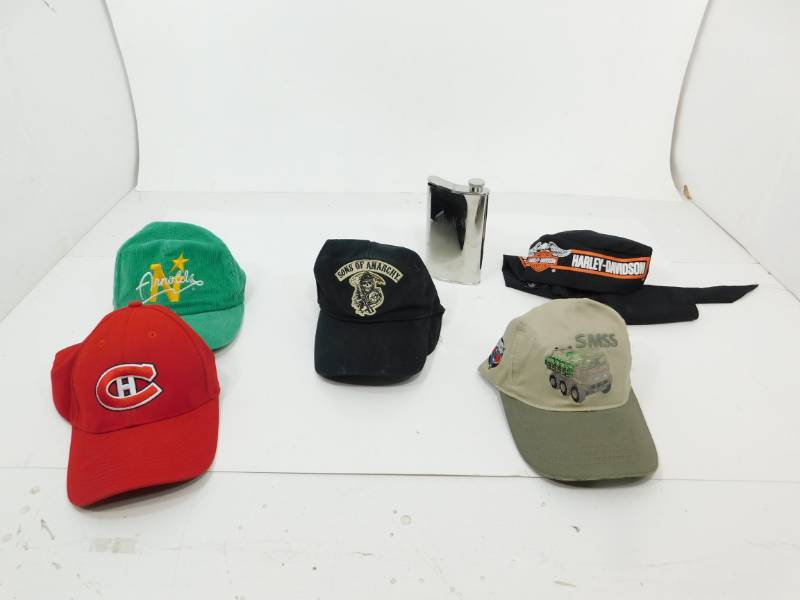 lot 73 image: Four Caps & A Harley Davidson  Quick Dry Scalp Hat & A Sterling Silver Flask