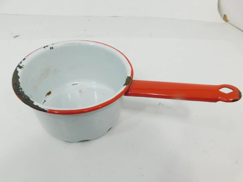 lot 81 image: Vintage White Enamel With Red Handle Sauce Pan