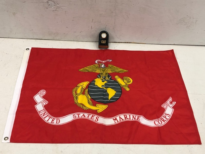 lot 18 image: CAT Quartz Clock & U.S. Marine Corps Banner
