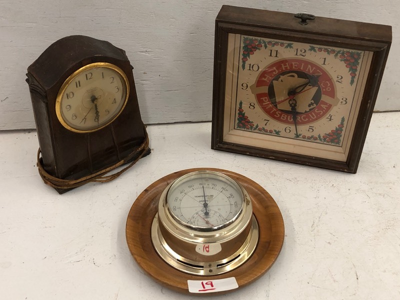 lot 19 image: Thermometer, Mantel Clock, Wall Clock