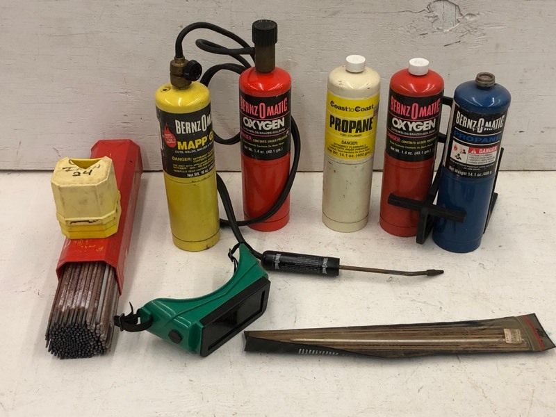 lot 68 image: Tote Of Handheld Torch, Gas & Oxygen Tanks, Etc