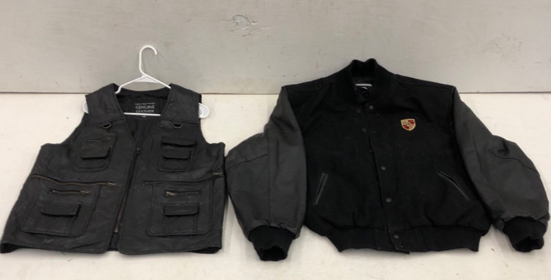 lot 4 image: (1) Leather Motorcycle Vest & (1) Leather Porsche Jacket