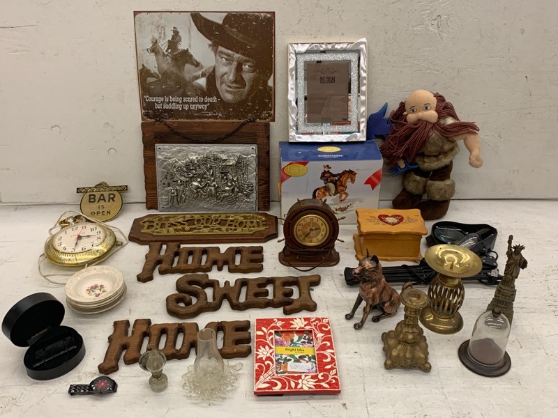 lot 84 image: Tote Of Collectibles, Home Decor, Glassware & Etc