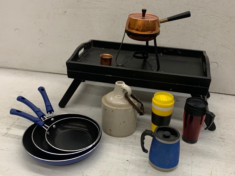 lot 85 image: Wood Serving Tray With Cookware & Drinkware