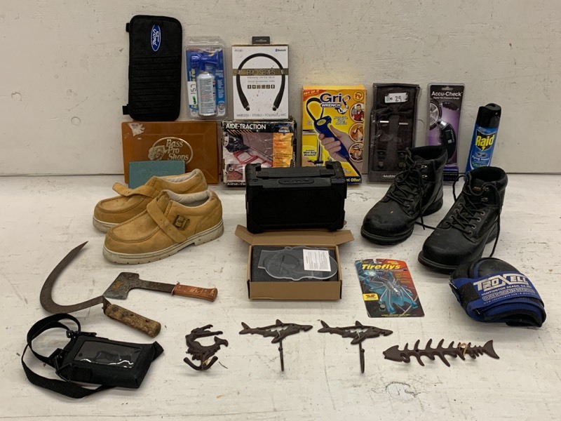 lot 93 image: Tote Of Assorted Footwear, Sporting Items, Households & Etc
