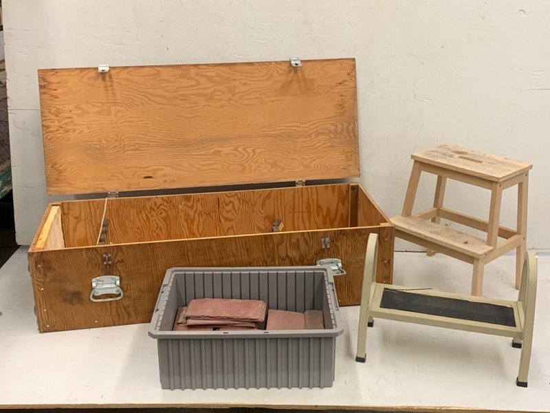 lot 128 image: Wood Chest, Step Stools, Etc