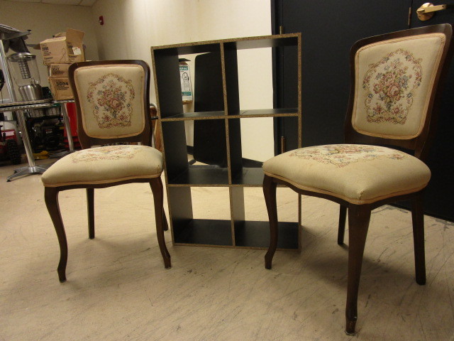NEEDLEPOINT CHAIRS AND SHELVING.