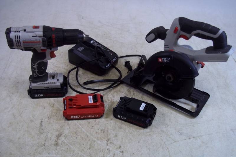 lot 146 image: 20 V Porter Cable Drill and saw with 3 Batteries and Charger