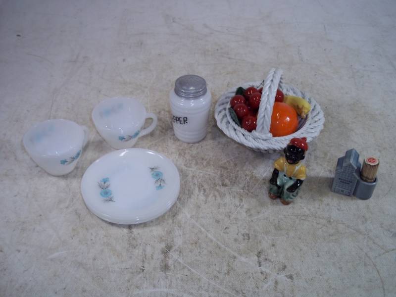 lot 154 image: FireKing Cups  Saucers, Fruit Basket, Toothpick Holders, Shakers