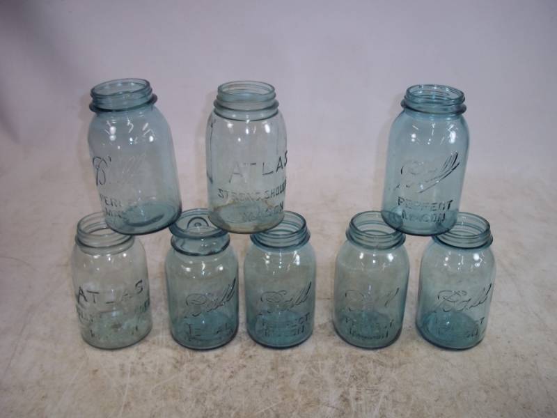 lot 156 image: 8 Blue Glass Canning Jars