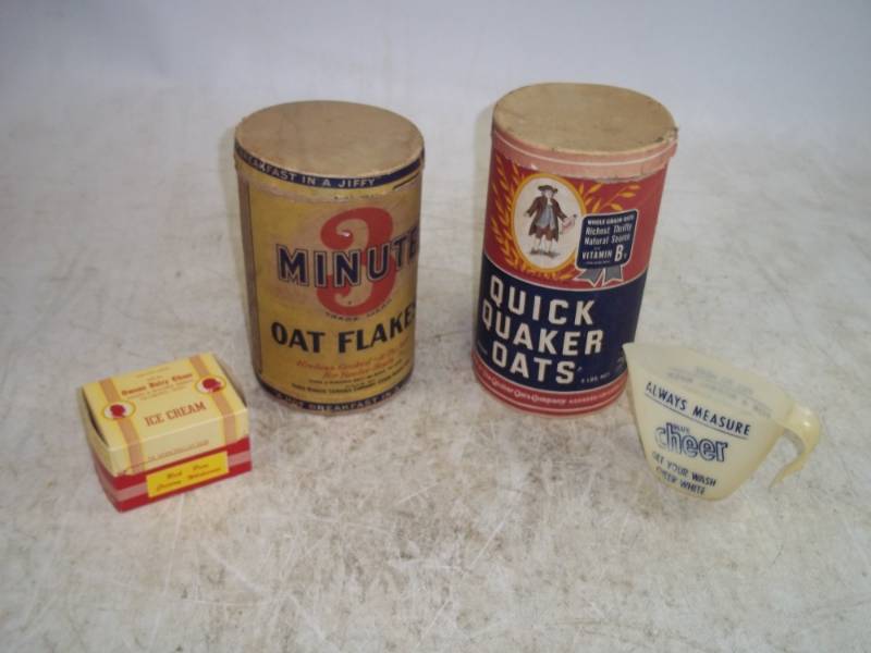 lot 158 image: Quaker Oats Boxes, Owen Ice Cream Box, Cheers Cup