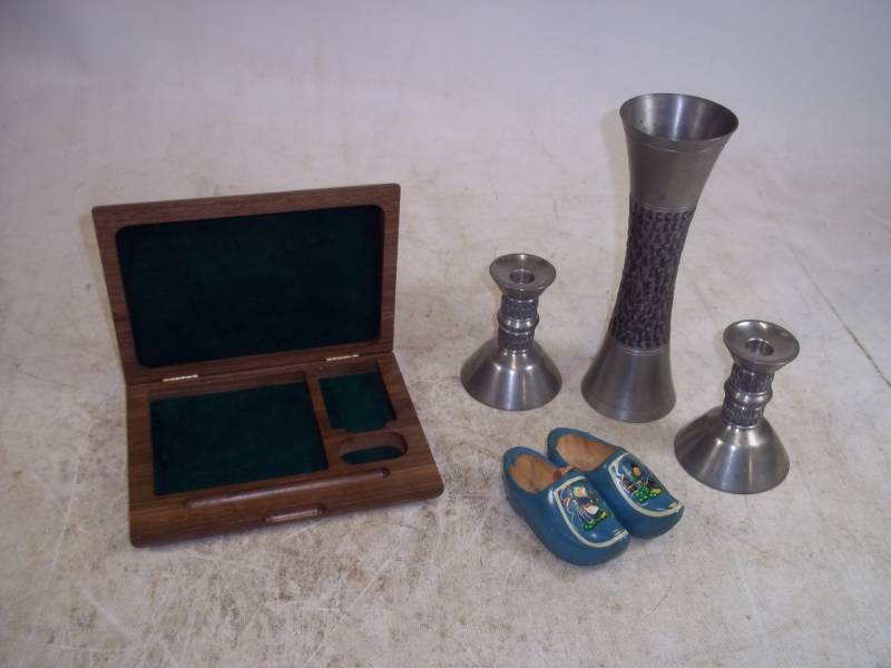lot 168 image: Pewter Candle Holders, Racing Box, Blue wood Shoes