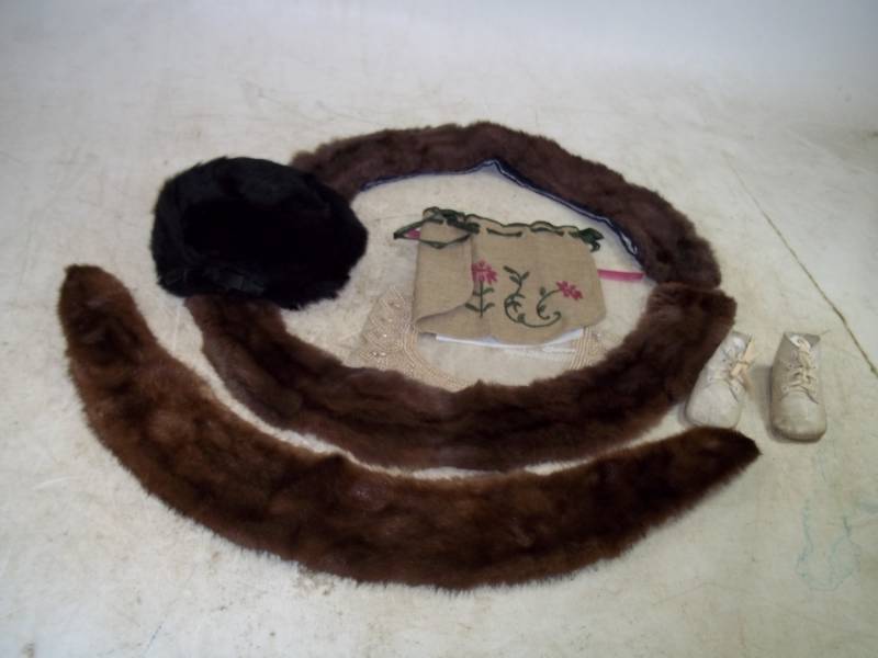 lot 169 image: Fur Collars, Hat, baby Shoes, Beaded Collar, Embroidered Purse