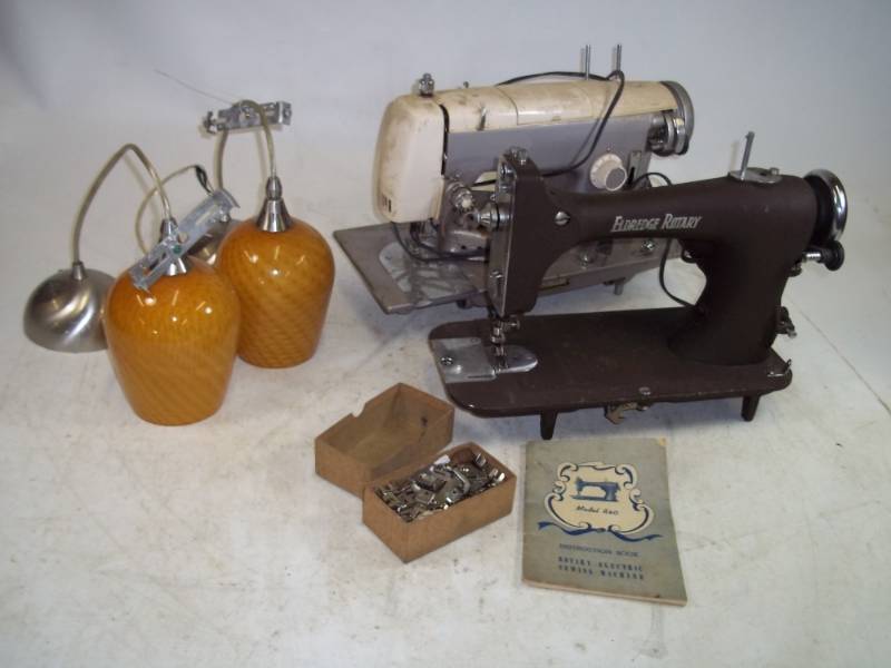 lot 71 image: 2 Vintage Sewing Machines, and 2 working Decorative Hanging lights