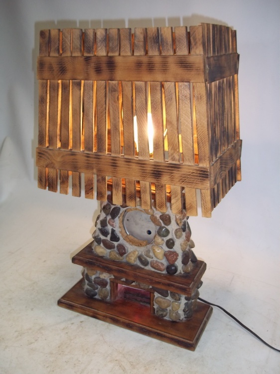 Vintage Folk Art Lamp Wood Stone Fireplace Needs New Clock