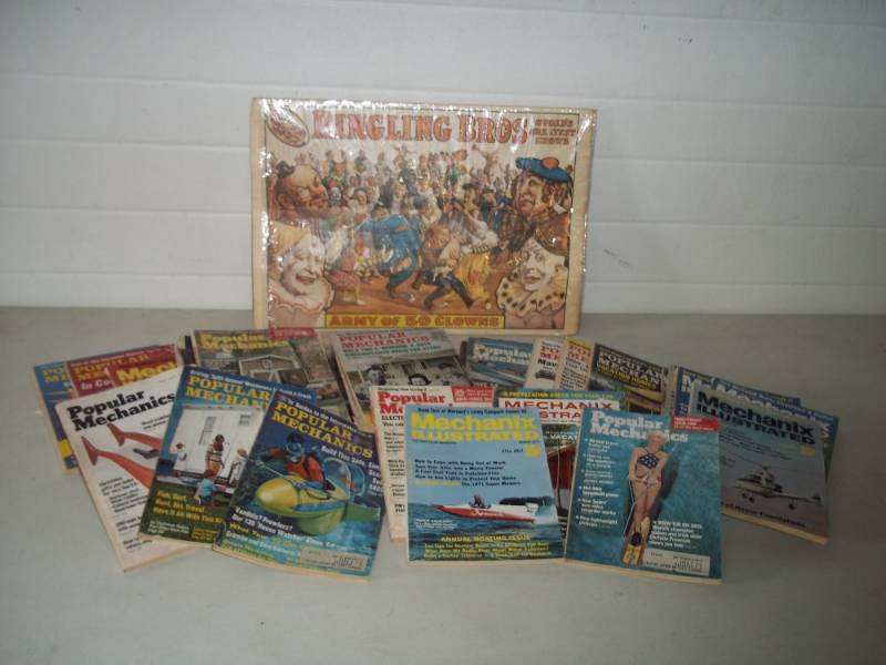 lot 80 image: Vintage Popular Mechanics Magazines and Ringling Brothers Lithograph