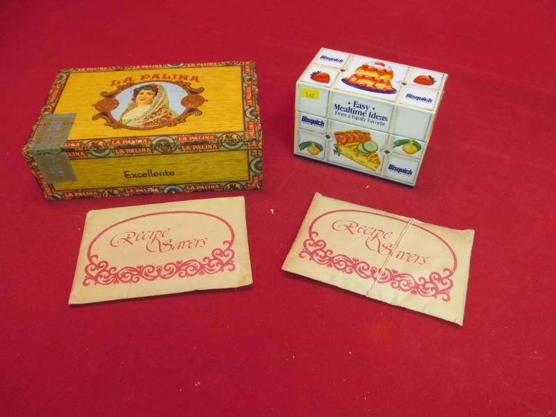 cigar box, recipe tin , saver bags
