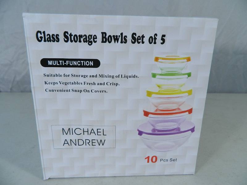 lot 18 image: New 10 Piece Glass Bowl Set with Colored Lids