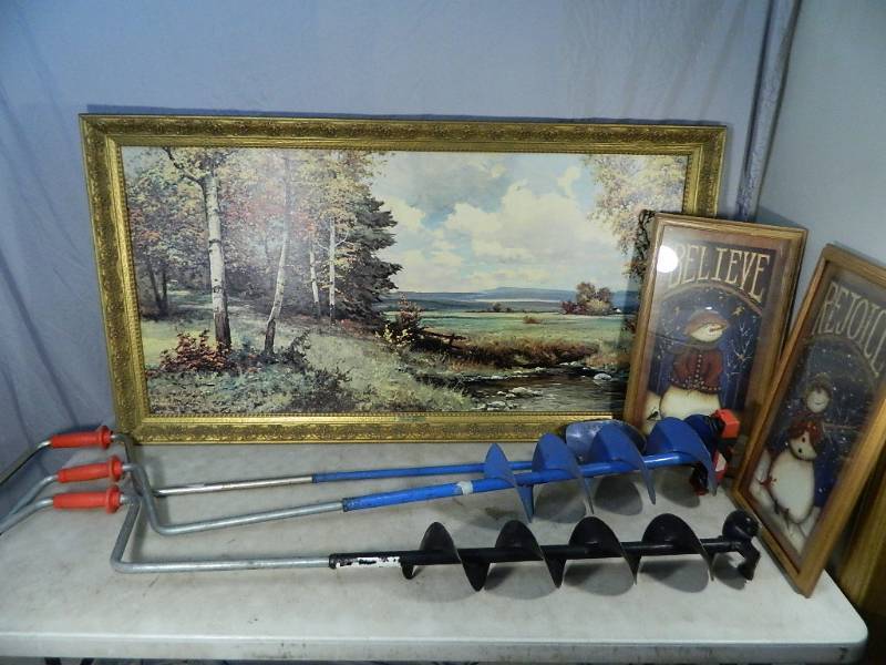 lot 56 image: Wall Decor and Ice Fishing Augers