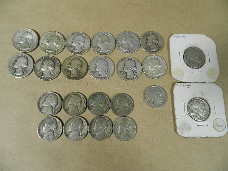 lot 65 image: War Time Nickels, Buffalo Nickels, Silver Content Quarters