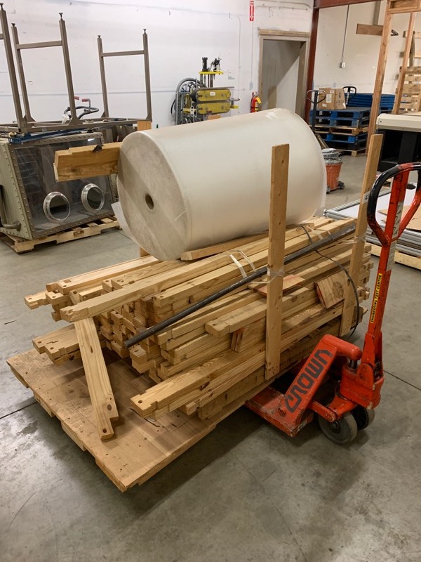 Pallet of wood and packaging foam