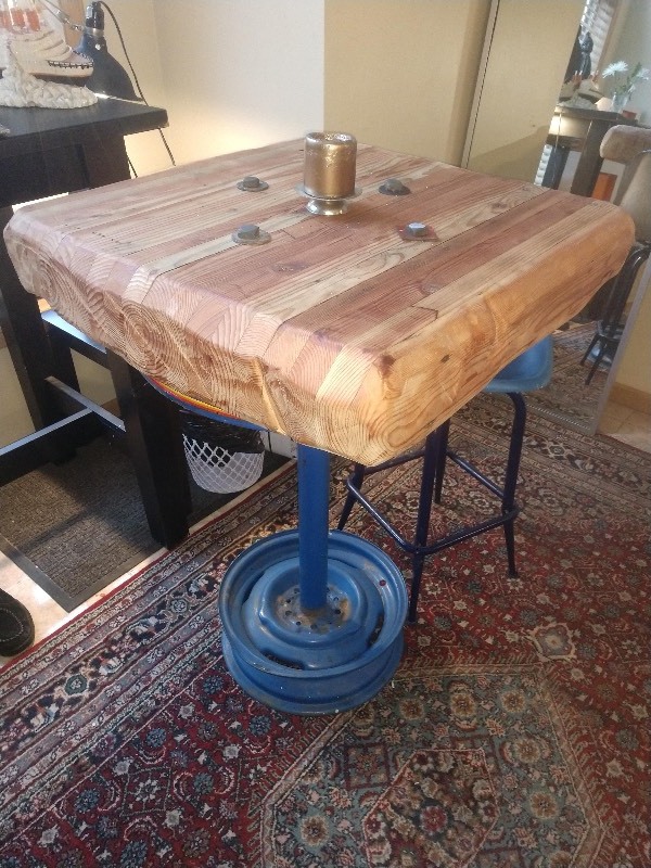 lot 17 image: Industrial Butcher Block Custom Table w Blue Base and Blue Swivel Chair