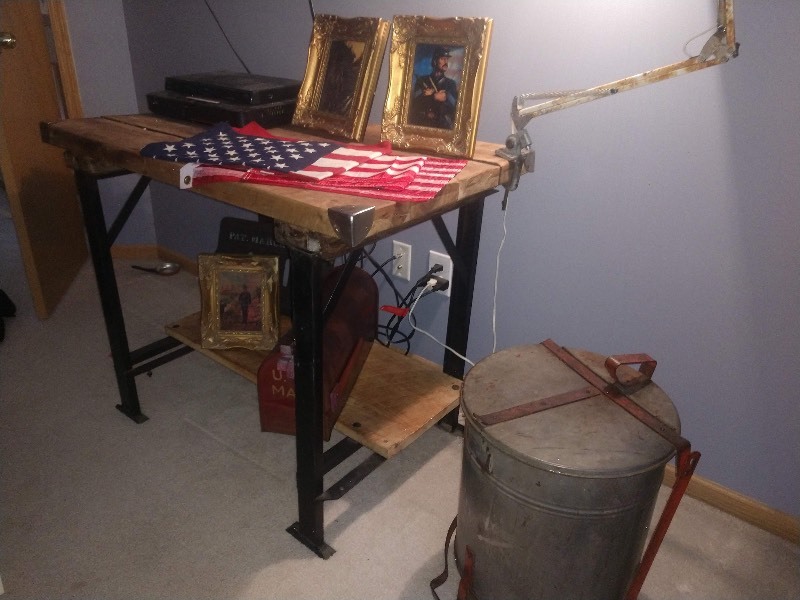 lot 18 image: Vintage Industrial Steel Work Bench w Oak Wood Plank Table Top (Black)