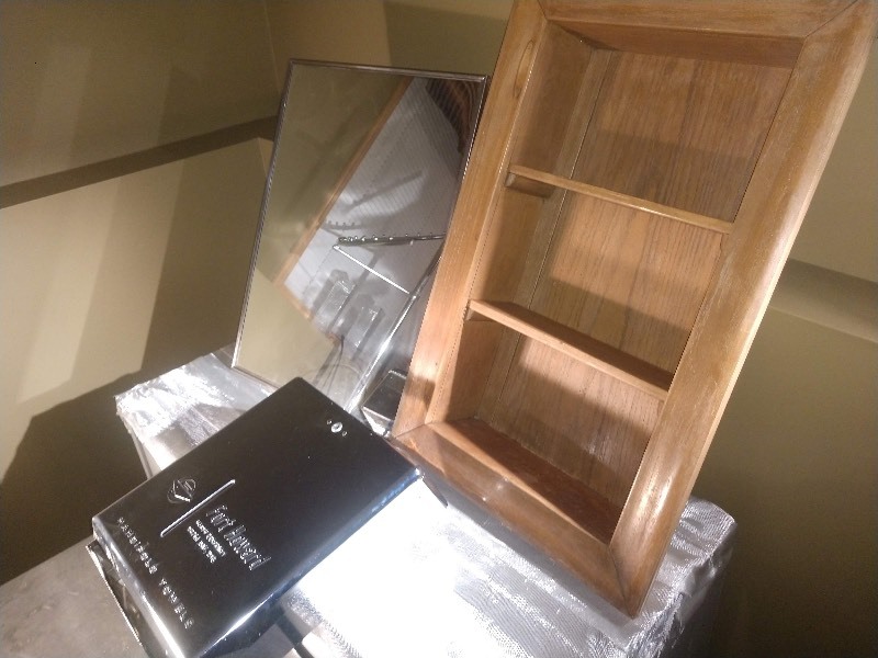 lot 28 image: Vintage Medicine Cabinet w Mirror, Vintage Wood Medicine Cabinet, Vintage Towel Dispenser