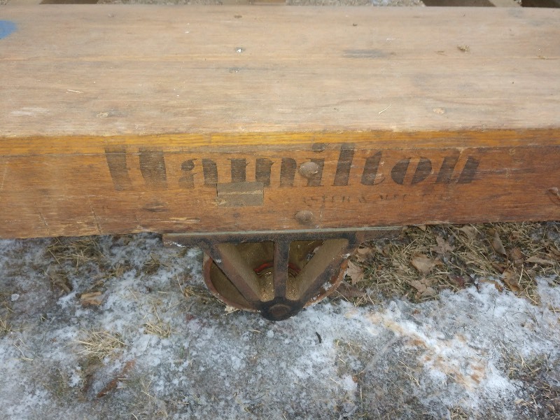 lot 87 image: Industrial Hamilton Heavy Duty Solid Oak Frame Material Cart on Casters