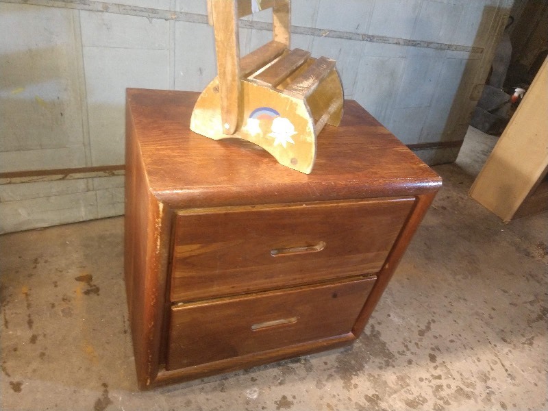 lot 105 image: Vintage Dixie Two Drawer Nightstand and Vintage Wooden Toddler Chair