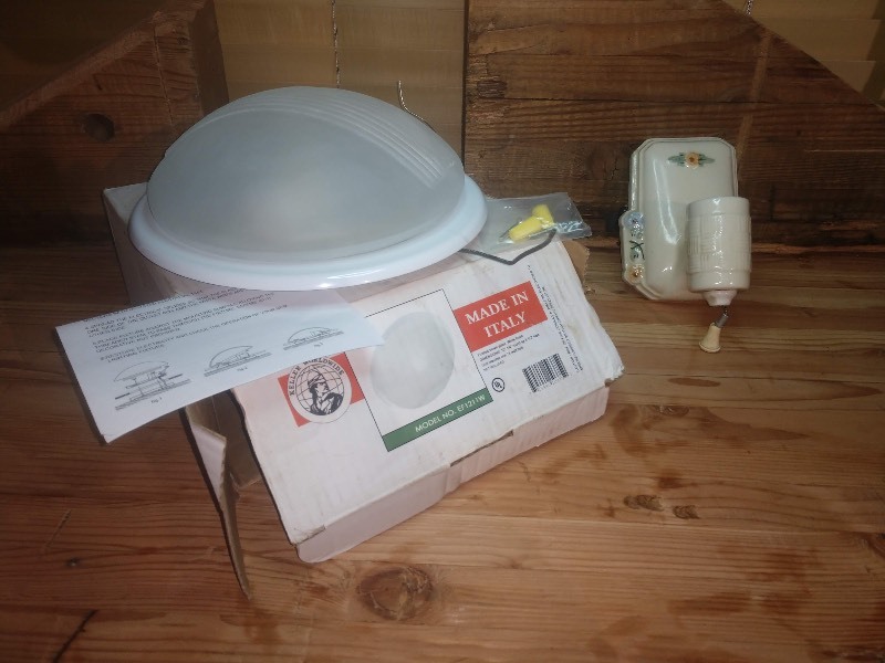 lot 11 image: Frosted Blown Glass White Finish Light Fixture and Antique Porcelain Wall Sconce