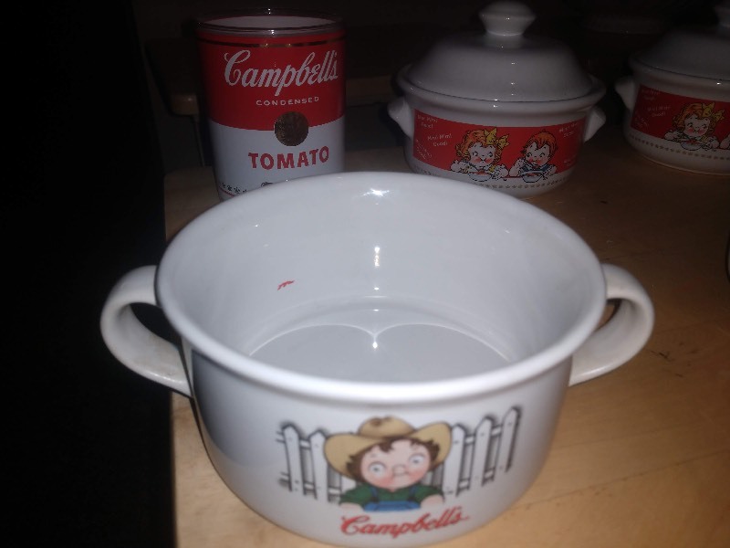 lot 164 image: One Campbells Glass Cup, Two Campbells Covered Soup Bowls, Three Campbells Mugs