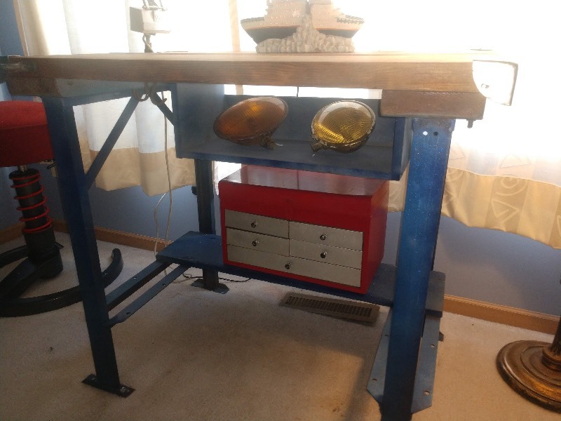 lot 19 image: Vintage Industrial Steel Work Bench w Original Maple Wood Table Top (Blue)
