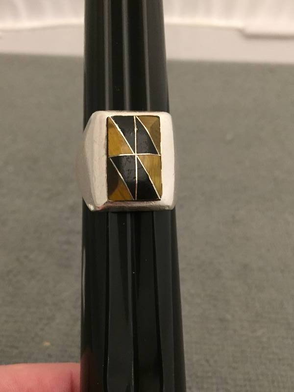 Ring Sterling Silver Inlaid Tiger Eye & Black Stone