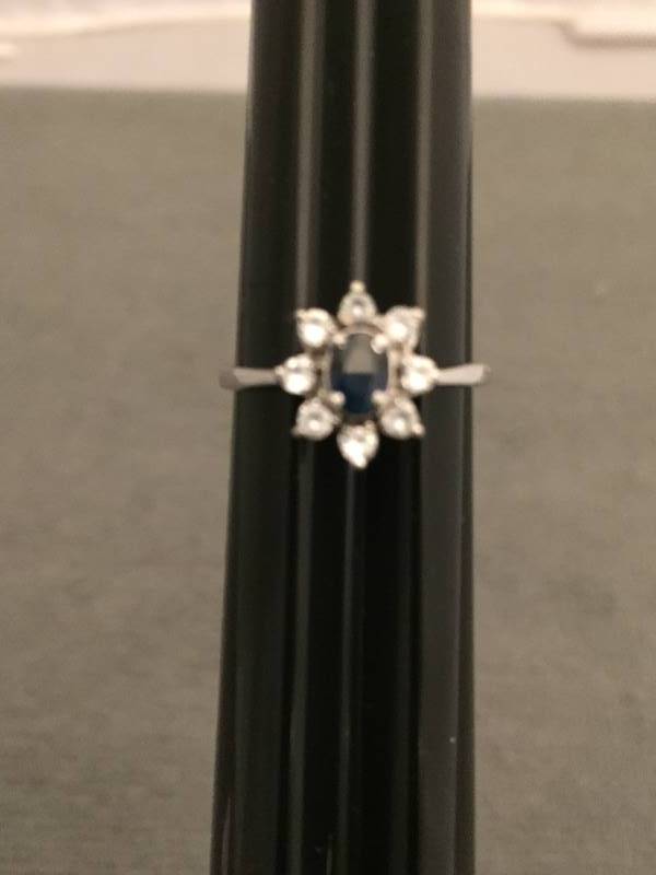 Ring Sterling Silver Dark Blue & Clear Rhinestone