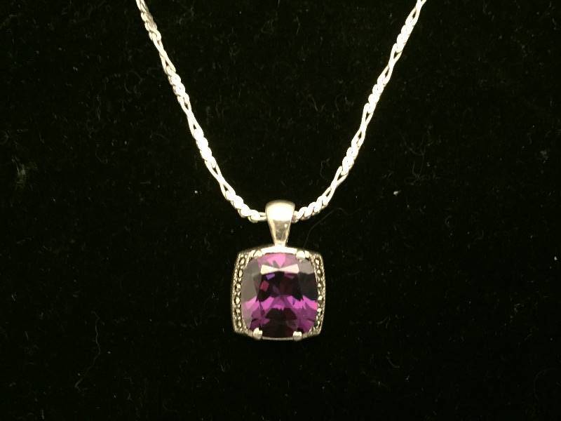 Necklace Sterling Silver Purple Stone with Marcasite Pendant