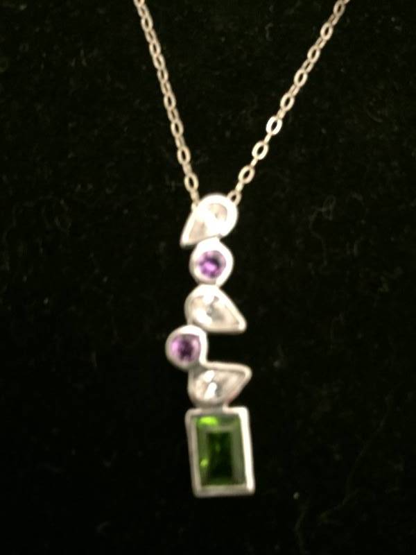 Necklace Sterling Silver Green Purple Crystal Gemstone Pendant