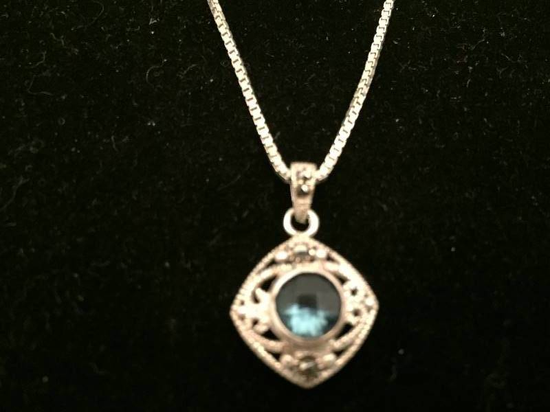 Necklace Sterling Silver Long Chain Blue Gemstone Pendant