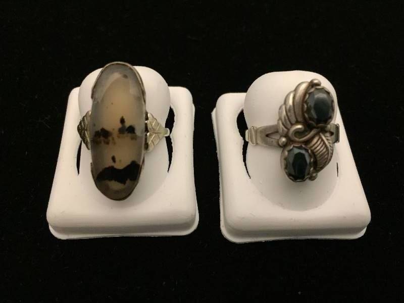 2 Rings Sterling Silver - Moss Agate & Marcasite - Cut Bands